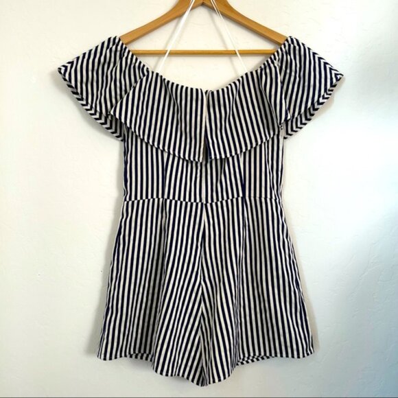 Aqua Striped Off the Shoulder Rompers XS - Picture 4 of 6